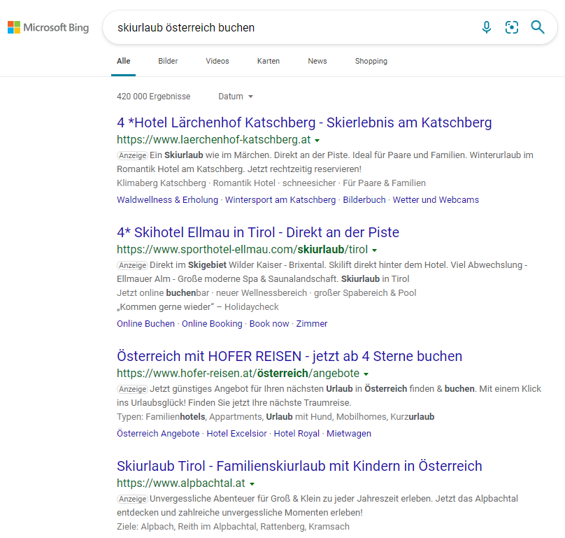 Screenshot: Suchergebnisse in Bing - eMagnetix